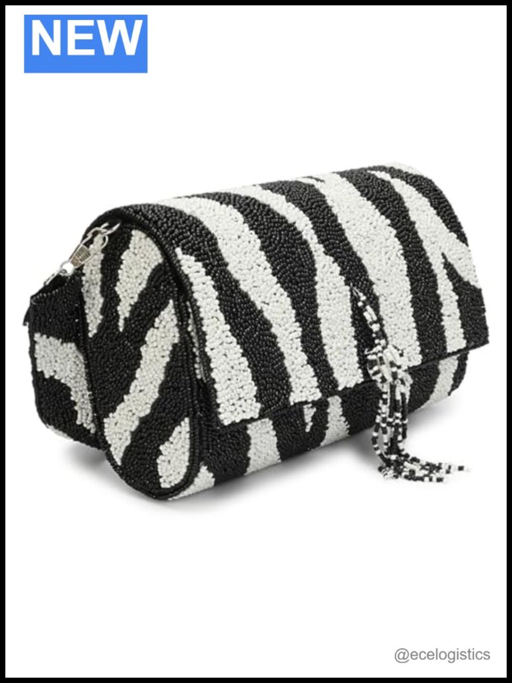 Handmade Beaded Zebra Print Clutch Purse with Detachable Crossbody Strap,
